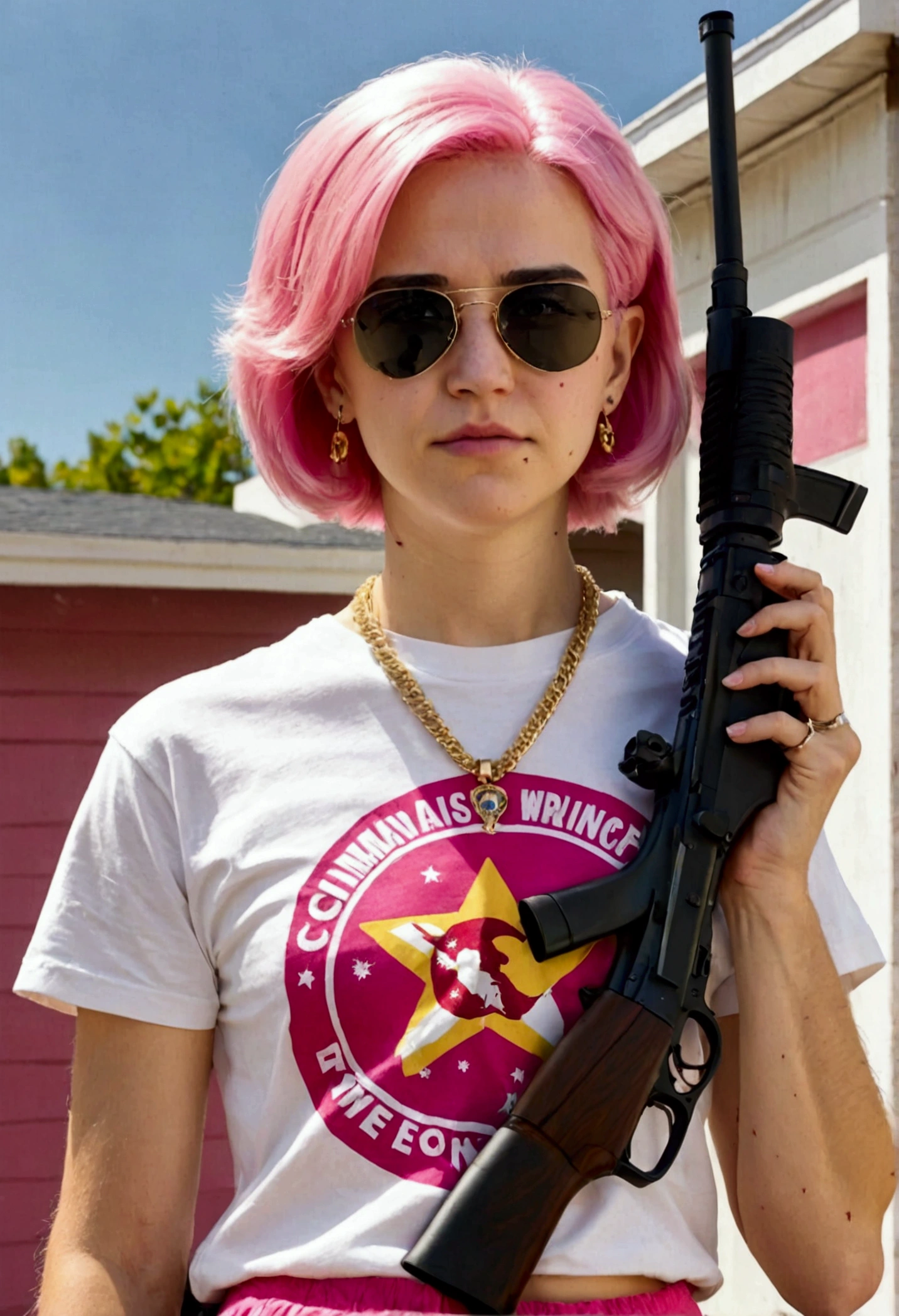 (a 20 year old femboy, short haircut, communist necklace, Joe Biden TShirt, pink panties showing over low rider pants, Sniper rifle, dead, multiple gunshot wounds) has been shot dead on a white roof, multiple bloody gunshots, Joe Biden TShirt, Joe Biden TShirt