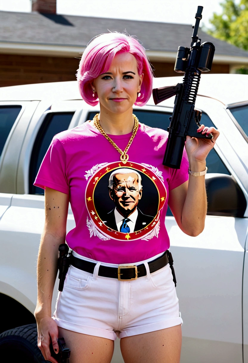 (a 20 year old femboy, short haircut, communist necklace, Joe Biden TShirt, pink panties showing over low rider pants, Sniper rifle, dead, multiple gunshot wounds) has been shot dead on a white roof, multiple bloody gunshots, Joe Biden TShirt, Joe Biden TShirt
