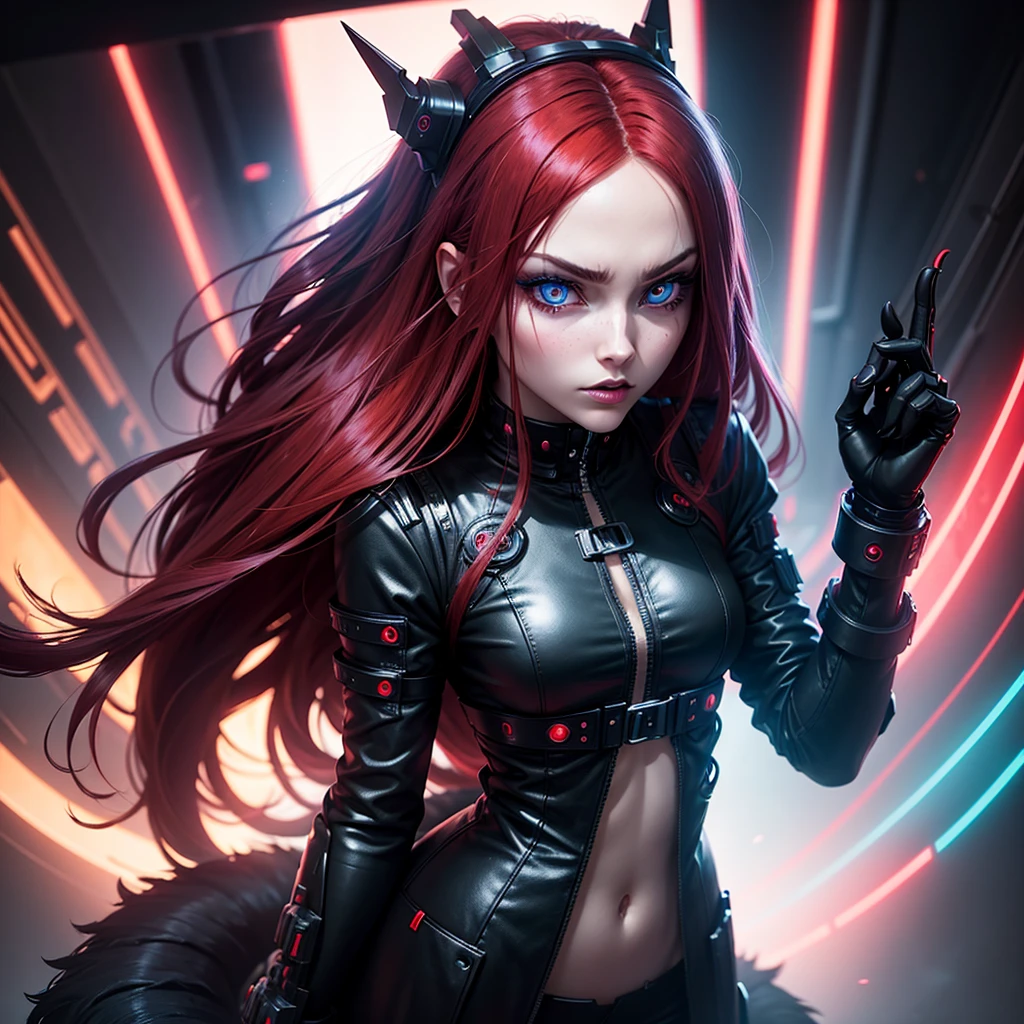 Girl Android demonic gloomy with long red hair woman with sexy hips half cyborg modification Beautiful fur blue eyes stands in full growth Anime Style black background Cyberpunk style, black background image of night black city and red neon lights fluorescent lamps red lighting