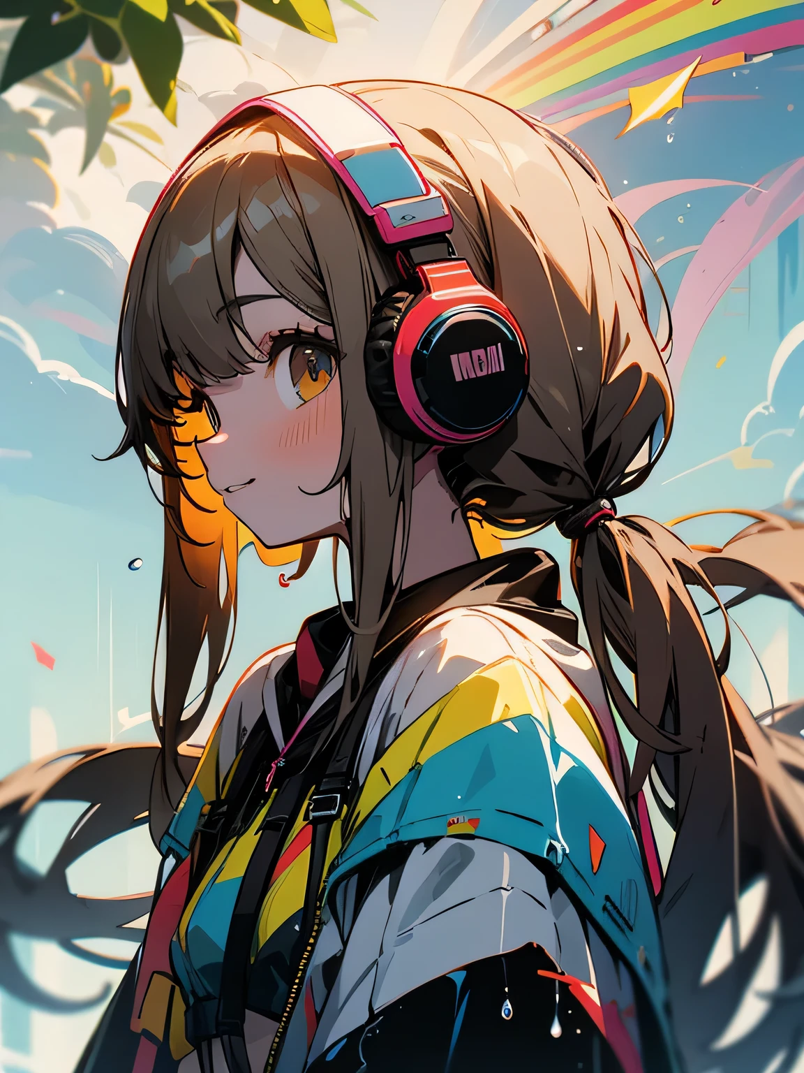 sideview, One Girl, alone, Rim Light, very detailed face, (Contrasting:1.1), Shoot from the front, smile, Amazingly cute young Russian girl, Droopy eyes, pale blue plump lips,(deep black very long twintail)、With bangs, Light brown thin eyebrows, Oily skin, Wet Skin, (rainbow color summer bikini) , Put on some high-tech headphones, Mid-chest,