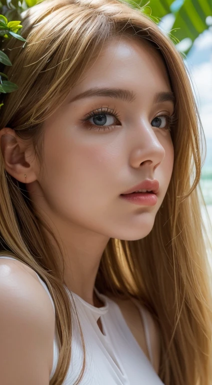 Strong light, Strong contrast, In an open-roofed cave、Sunlight shines through green moss and ferns。, And open( Ocean View:1.1) end, Cel-shaded rendering, 4K, 360 degrees, Equirectangular projection, what, One Girl, 30-year-old woman、Beautiful woman、Long blonde hair、White Latex Leotard、White Long Boots、White arm cover、masterpiece, 最high quality, high quality, High resolution, (((Face close-up)))、Large Breasts、Cleavage、Sexy Looks