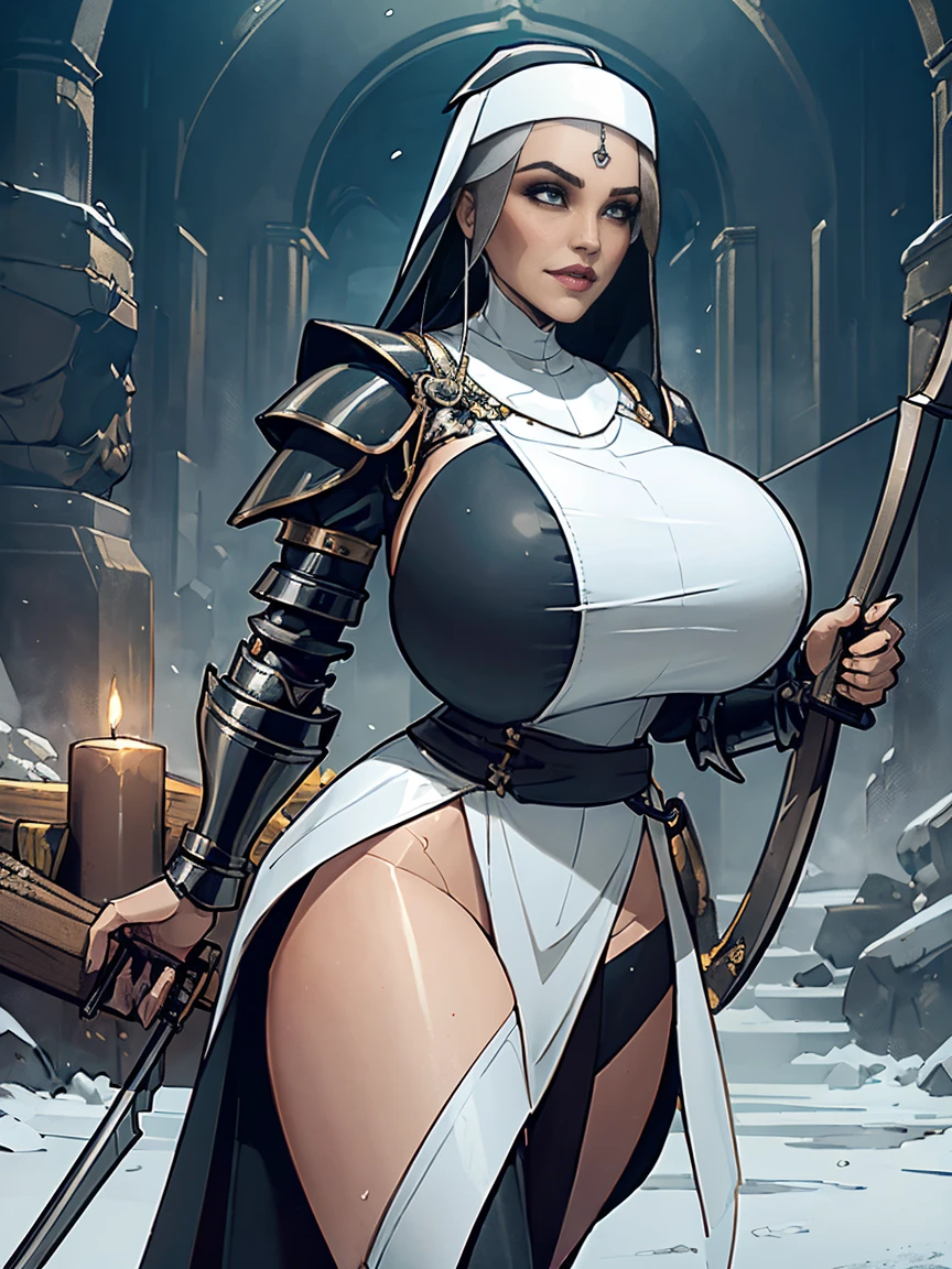 (masterpiece, top quality, best quality, official art, beautiful and aesthetic:1.2), (1girl:1.3), ((Sharp facial features, sharp features, hawkish features)), ((grey eyes)), busty paladin knight girl, extremely detailed, portrait, looking at viewer, solo, (full body:0.6), detailed background, full-body shot, (cold mountain nighttime glacier theme:1.1), holy knight, (nun), charlatan, smirk, mysterious, swaying in mountains, armor, polished metal, gold trim, long boots, white fabric, pelvic curtain, robe, pale leather, ((((nun, crossbow, heavy armor, armored, long legs, robes, prayer scrolls, toned, muscular)))), slim waist, slim hips, long legs, medieval (mountain exterior:1.1) background, dark mysterious lighting, shadows, magical atmosphere, dutch angle