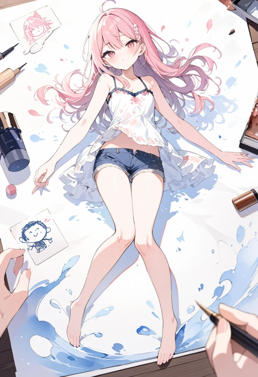 Momoko Sakura Style、8K quality、Intense watercolor,, Watercolor splash, wonderful, Cool Beauty, Highest quality、(((The most beautiful girl))), ,((Thin legs))、(((Highest quality))), High resolution, ((detailed)), (((Doodle Art)), ((masterpiece)), ((Super detailed)),(((camisole,Shorts))),,((Sexual))