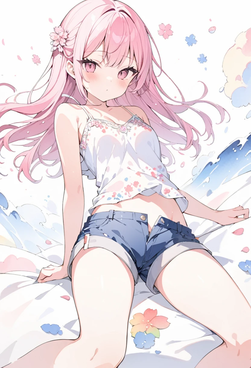 Momoko Sakura Style、8K quality、Intense watercolor,, Watercolor splash, wonderful, Cool Beauty, Highest quality、(((The most beautiful girl))), ,((Thin legs))、(((Highest quality))), High resolution, ((detailed)), (((Doodle Art)), ((masterpiece)), ((Super detailed)),(((camisole,Shorts))),,((Sexual))