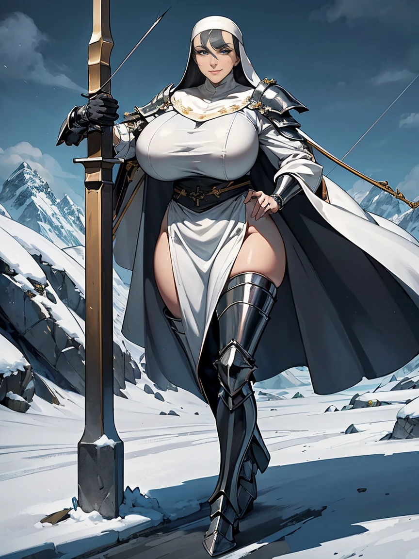 (masterpiece, top quality, best quality, official art, beautiful and aesthetic:1.2), (1girl:1.3), ((Sharp facial features, sharp features, hawkish features)), ((grey eyes)), busty paladin knight girl, extremely detailed, portrait, looking at viewer, solo, (full body:0.6), detailed background, full-body shot, (cold mountain nighttime glacier theme:1.1), holy knight, (nun), charlatan, smirk, mysterious, swaying in mountains, armor, polished metal, gold trim, long boots, white fabric, pelvic curtain, robe, pale leather, ((((nun, crossbow, heavy armor, armored, long legs, robes, prayer scrolls, toned, muscular)))), slim waist, slim hips, long legs, medieval (mountain exterior:1.1) background, dark mysterious lighting, shadows, magical atmosphere, dutch angle
