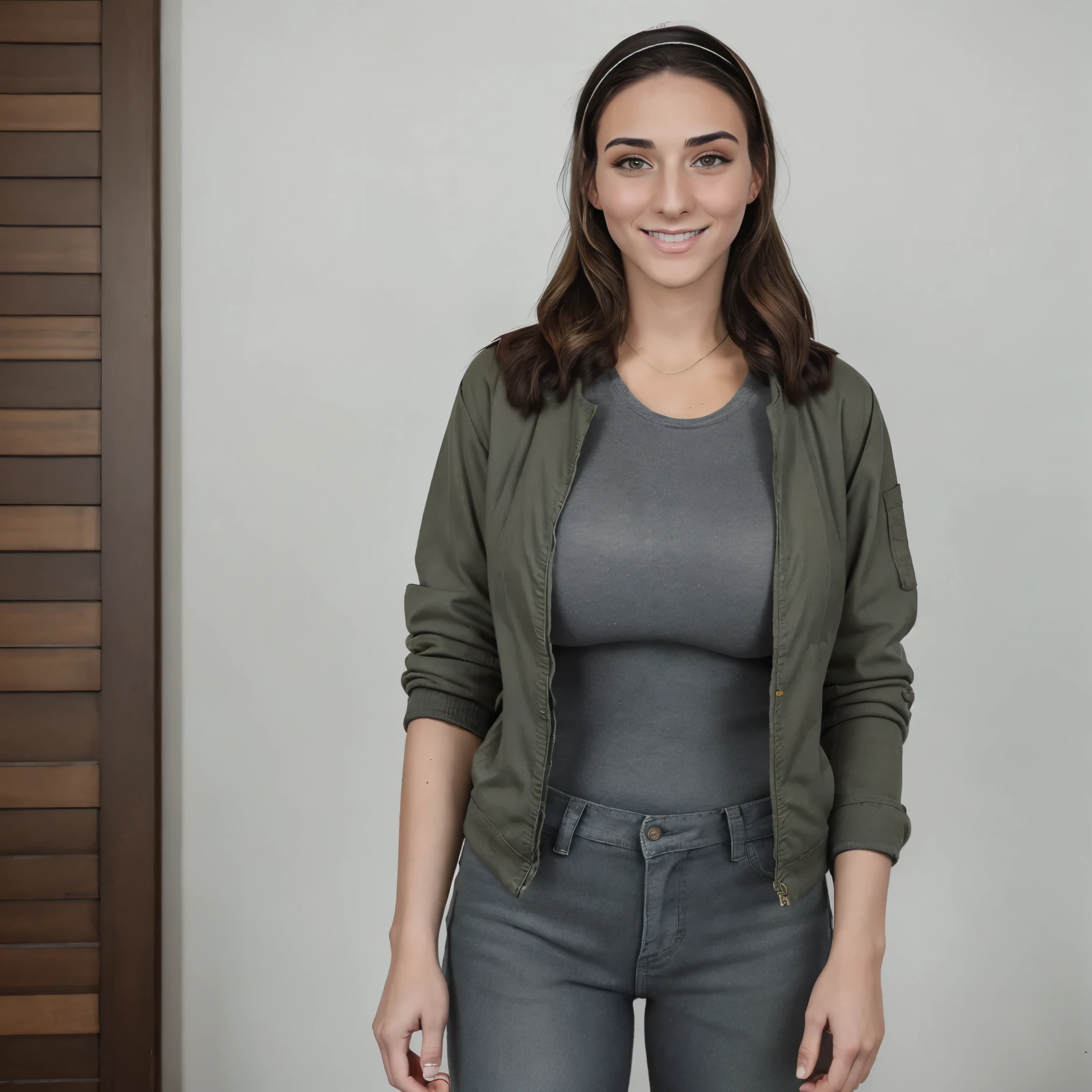 Extremely busty thin and toned brunette photographer, college girl, fair skin, loose ponytail, soft face, athletic, bandana babushka headwrap, tight olive green casual windbreaker, skinny jeans. standing in front of her apartment building, outdoors, city, camera bag, cleavage
