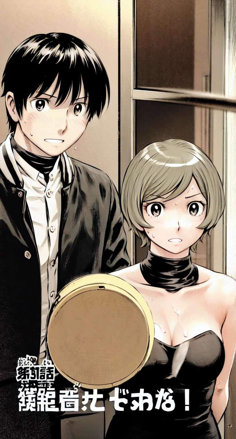 、(masterpiece、Highest quality)、Highest quality, Ultra-high resolution, (((masterpiece))), alone, Sweat、Big eyes,office、tight white dress shirt、Tight black suit、Tight black pants、indoor、Composition from the front、(後ろCut your hair short、short hair、blonde、woman)、Shortcuts、Embarrassed face、Cut your hair short、可愛いwomanの子、Big Breasts