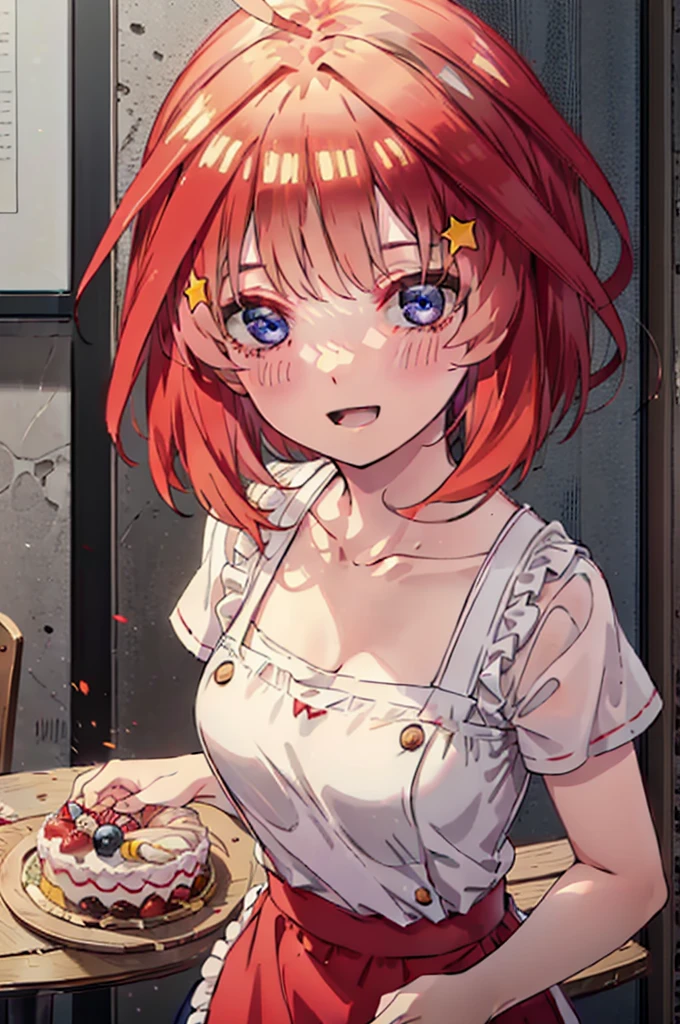 itsukinakano, Itsuki Nakano, bangs, blue eyes, Hair between the eyes, Ahoge, Redhead, star \(symbol\), hair ornaments,happy smile, smile, Open your mouth,cracker, star hair ornaments,Red Tank Top,Long skirt,Black pantyhose,apron,Walking,There is food and a birthday cake on the table,
break indoors, room,
break looking at viewer,Upper Body,
break (masterpiece:1.2), Highest quality, High resolution, unity 8k wallpaper, (figure:0.8), (Beautiful attention to detail:1.6), Highly detailed face, Perfect lighting, Highly detailed CG, (Perfect hands, Perfect Anatomy),