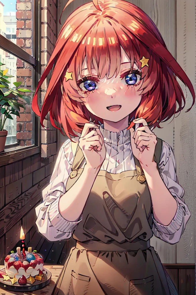 itsukinakano, Itsuki Nakano, bangs, blue eyes, Hair between the eyes, Ahoge, Redhead, star \(symbol\), hair ornaments,happy smile, smile, Open your mouth,cracker, star hair ornaments,Red Tank Top,Long skirt,Black pantyhose,apron,Walking,There is food and a birthday cake on the table,
break indoors, room,
break looking at viewer,Upper Body,
break (masterpiece:1.2), Highest quality, High resolution, unity 8k wallpaper, (figure:0.8), (Beautiful attention to detail:1.6), Highly detailed face, Perfect lighting, Highly detailed CG, (Perfect hands, Perfect Anatomy),