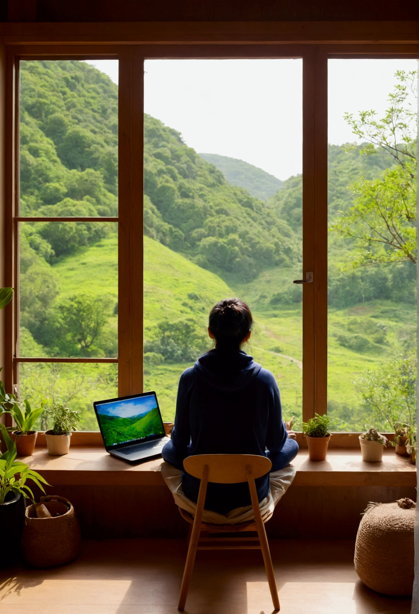 Woman sitting comfortably in the warm and peaceful environment of her own home, With her laptop open in front of her. On the laptop screen、Displays serene and inspiring nature scenes, Symbolizes the inner journey and connection with nature