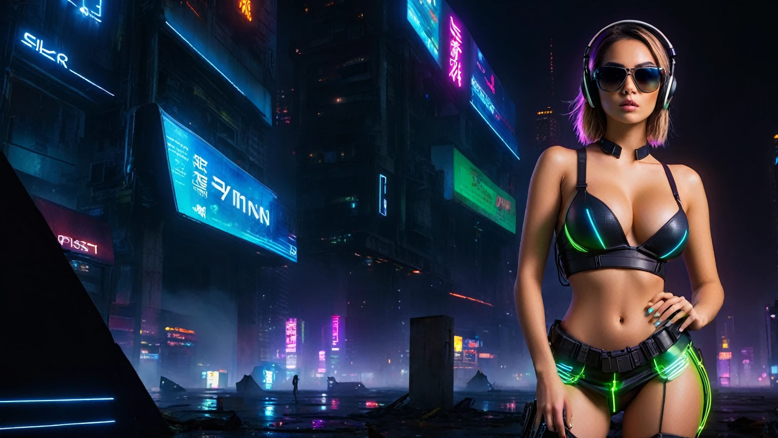 dark futuristic landscape, at night, neon lights, Atmospheric fog, large buildings in the background, futuristic city, streets with open shops, skyscraper (postapocalyptic city:1.3). (((1girl, solo, alone))), large-breast:1.2 slim body, cleavage:1.1, sexy miniskirt, (((headphone, black sunglasses, standing and holding pistol pose))), (((half-body thigh level medium shot))), cinematic lighting, lens flare, ray tracing.