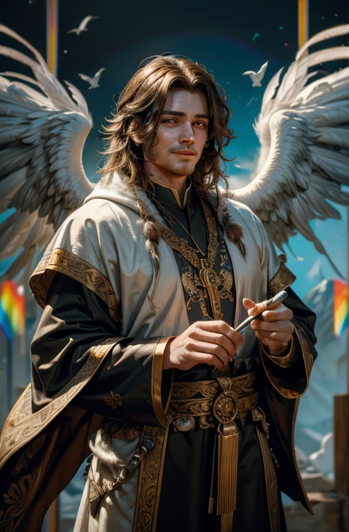 Man with a painted bird on his chest of a bird with a rainbow feathered tail encircling it like religious iconography. He has brown long-haired is handsome Symmetrical featured Male Monk with a knack for painting, and spreading love and peace. Brown long-haired handsome Symmetrical featured Male Priest with the religious iconography of a bird with a rainbow feathered tail. This priest has a knack for painting, spreading love and peace. Holding a paintbrush with a smile on his face facing forward.