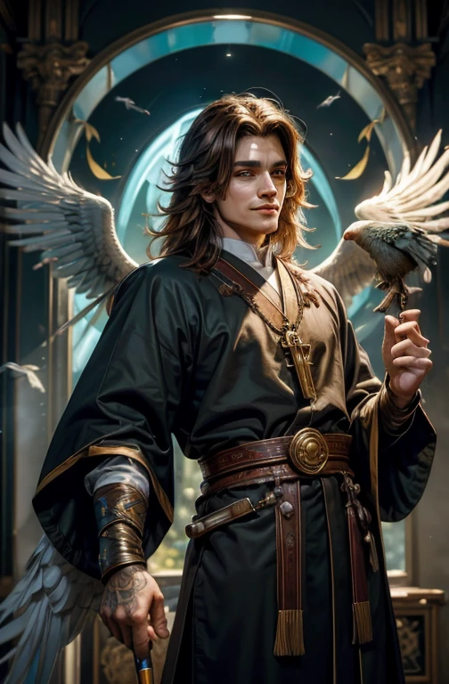 Man with a painted bird on his chest of a bird with a rainbow feathered tail encircling it like religious iconography. He has brown long-haired is handsome Symmetrical featured Male Monk with a knack for painting, and spreading love and peace. Brown long-haired handsome Symmetrical featured Male Priest with the religious iconography of a bird with a rainbow feathered tail. This priest has a knack for painting, spreading love and peace. Holding a paintbrush with a smile on his face facing forward.