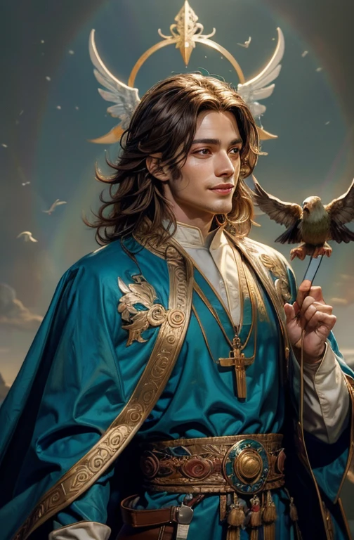 Man with a painted bird on his chest of a bird with a rainbow feathered tail encircling it like religious iconography. He has brown long-haired is handsome Symmetrical featured Male Monk with a knack for painting, and spreading love and peace. Brown long-haired handsome Symmetrical featured Male Priest with the religious iconography of a bird with a rainbow feathered tail. This priest has a knack for painting, spreading love and peace. Holding a paintbrush with a smile on his face facing forward.