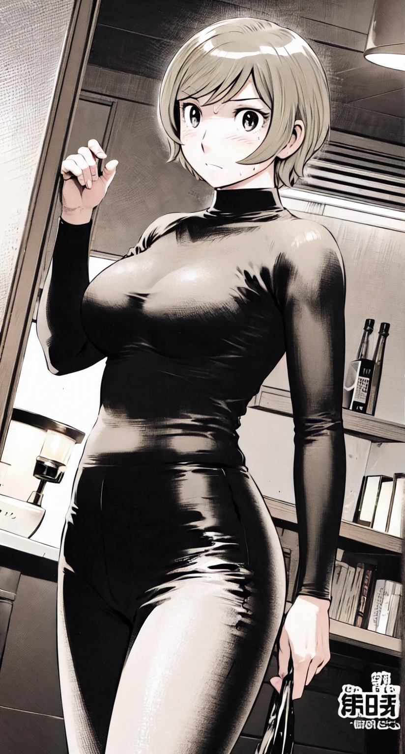 、(masterpiece、Highest quality)、Highest quality, Ultra-high resolution, (((masterpiece))), alone, Sweat、Big eyes,office、tight white dress shirt、Tight black suit、Tight black pants、indoor、Composition from the front、(後ろCut your hair short、short hair、blonde、woman)、Shortcuts、Embarrassed face、Cut your hair short、可愛いwomanの子、Big Breasts