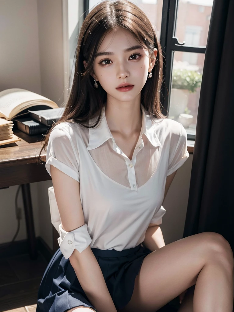 absurdres, RAW photo, extremely delicate and beautiful, masterpiece, Best Quality, ultra high resolution, 32k, hyperrealistic, ultra-detailed, perfect anatomy, super Detailed skin, perfect figure, Super Beauty, Perfect Style, Perfect balance, Beautiful Lighting, Perfect Lightning, Realistic Shadows, 20 years old, very Slim body, narrow waist, very small head, very small face, delicate facial features, handsome detailed woman, very detailed eyes and face, realistic face proportions, Realistic beautiful face, Realistic beautiful eyes, tearful mole, earring, very huge round breasts, legs, medium hair, whole body shot, indoor, ((school_uniform)),