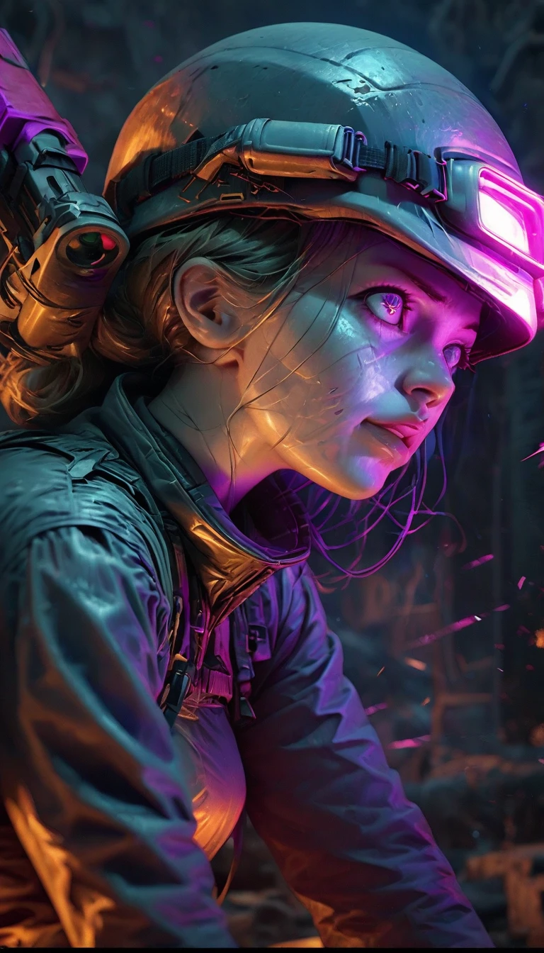 high quality, high definition images, full HD、8k.1 girl Short brown hair in American combat uniform Wear a helmet deeply, holding a rifle、midnight city area, using a night vision goggle, pitch black The night vision light is green,,Firing a gun from the rubble, (Best Quality,4k,8k,high resolution,Masterpiece:1.2),ultra detailed,sharp focus,(realist,photorealist,photo-realist:1.37),Very detailed face,extremely detailed facial features,hyper realist skin texture,extremely fine details,intricate details,detailed eyes,Detailed nose,detailed lips,detailed facial expressions,intricate facial anatomy,intense lighting,
dramatic lighting,changing lighting,cinematic lighting,chiaroscuro lighting,dramatic shadows,dramatic moments,vivid colors,intense colours,Deep contrast,cinematic depth of field,cinematographic composition,cinematic camera angle