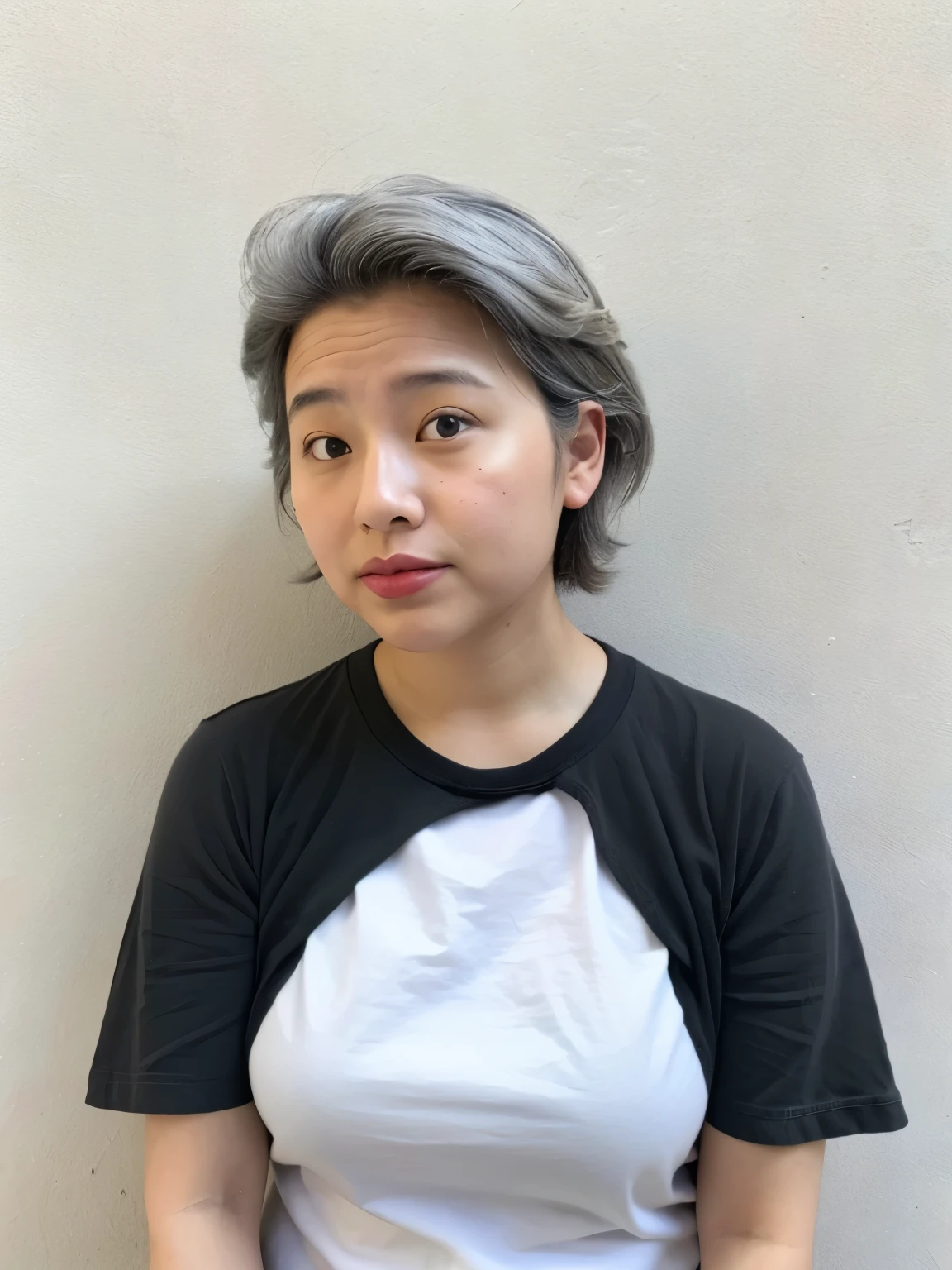 Short sleeve shirt、40A chubby Japanese woman in her thirties、(White wall in the background、Gray Hair)、profile、Don't look at the camera、Photographed in front of a white wall、Layered Cut、Very delicate hair、(In a room with white walls and windows)、((Highest quality、8k、masterpiece:1.3))、Ultra-high resolution、(photoGenuineistic:1.4)、RAW Photos、Japanese,(detailed aspects)、Genuine、Photographed in natural light、Highly detailed face and skin texture、Highly detailed lips、The correct state of the human body、Shortcuts、short hair、Various poses、Natural color lip