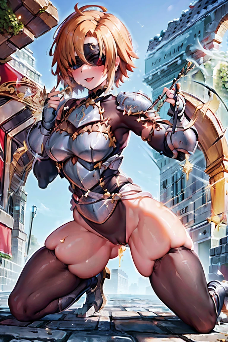 jewelry, bodysuit, fingerless gloves, knight, highleg, (((skin tight))), vambraces, arm guards,faulds,greaves, 1girl,solo, gauntlets, armored boots, breastplate, pauldrons, shoulder armor, big armors, thighhighs, dare thighs, short hair, pink hair, (((blindfold))), adult, adult face, fearless face, curvy, perfect proportion, perfect anatomy, perfect body, armored dress knight, plate armor knight, silver knight armor, ahoge, center loincloth, skirt, black legwear, black clothes, black wear, covered arms, masterpiece, masterwork, best quality, super fine illustration, beautiful, ultra detailed beautiful face, cg unity 8k wallpaper, ultra detailed, ultra high res, round face, smile, leotard, absurdres, exquisite, by famous artist, voluptuous, official art, (((kneeling, open legs, paw pose, clenched hands))), (((open mouth, long tongue, stick out tongue, tongue out, sexual ecstasy smile, smile broadly, full face blush, fucked silly, vulgarity, happy, seductive smile, dimpled smile, evil smile, rape face)))), fair skin, gleaming skin, oil skin, shiny skin, sweat, looking at big penis, front view, clenched hands,
