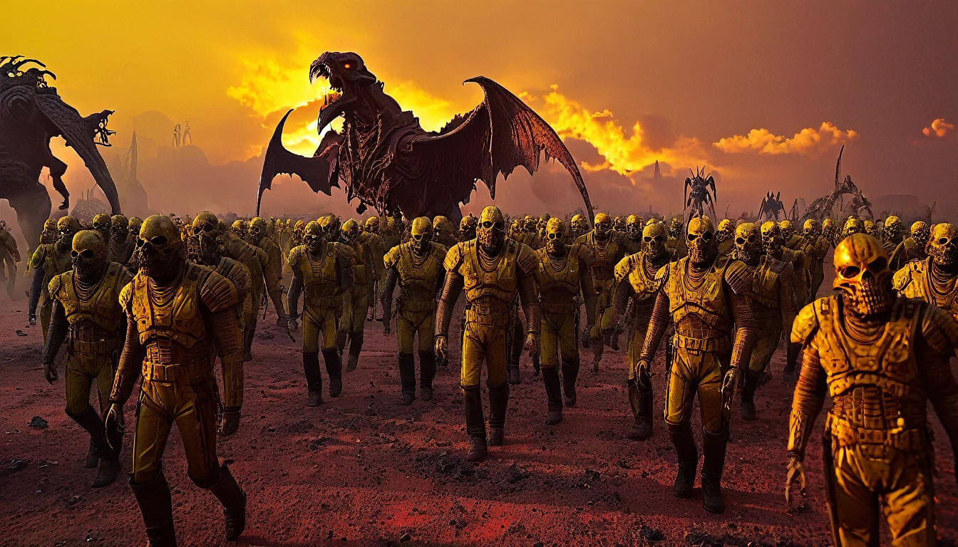 (3D rendering:3.1), of lot of characters walking from (Galaxy of Terror, with yellow sky:3.1), inspired by style of Wayne Barlowe and greg rutkowski art, in apocalypse of chaotic world, monsters, robots, daemons, aliens, mutant, explosions, fire and lots of smoke (with Creepy, Sci-Fi, Fantasy and Horror:2.9) retro sci fi, horror movie, horrified, terrified, insane, disgusting, disturbing, Impactful, cgsociety, hyper-detailed, digital illusions, cyberspace, photorealistic, arts visuals. Ultra detailed, RAW photo, (cinematic:2.9), artstation style, concept art, masterpiece, 8k, realistic textures, (3D rendering:3.1), 