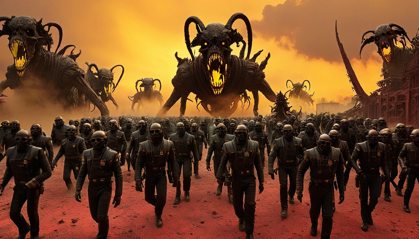 (3D rendering:3.1), of lot of characters walking from (Galaxy of Terror, with yellow sky:3.1), inspired by style of Wayne Barlowe and greg rutkowski art, in apocalypse of chaotic world, monsters, robots, daemons, aliens, mutant, explosions, fire and lots of smoke (with Creepy, Sci-Fi, Fantasy and Horror:2.9) retro sci fi, horror movie, horrified, terrified, insane, disgusting, disturbing, Impactful, cgsociety, hyper-detailed, digital illusions, cyberspace, photorealistic, arts visuals. Ultra detailed, RAW photo, (cinematic:2.9), artstation style, concept art, masterpiece, 8k, realistic textures, (3D rendering:3.1), 