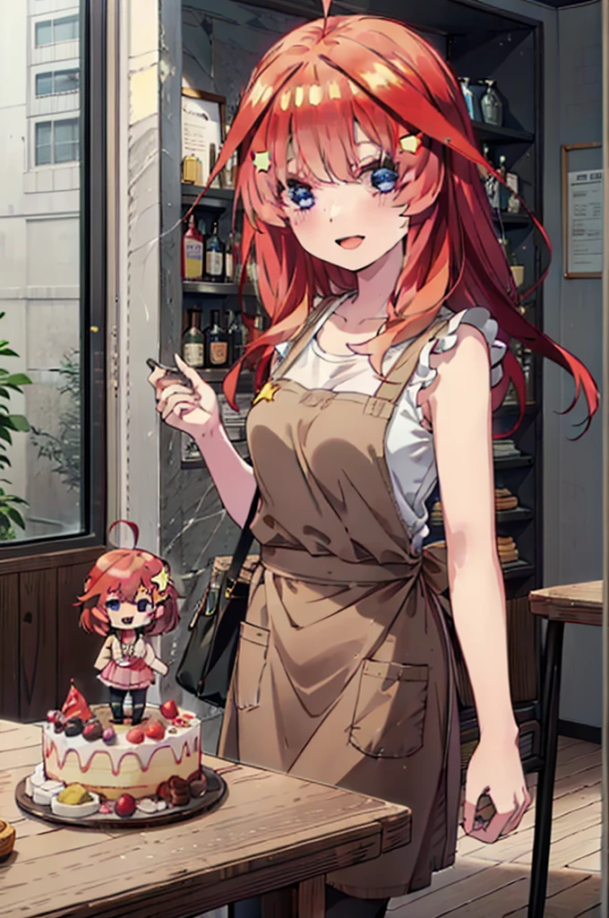itsukinakano, Itsuki Nakano, bangs, blue eyes, Hair between the eyes, Ahoge, Redhead, star \(symbol\), hair ornaments,happy smile, smile, Open your mouth,cracker, star hair ornaments,Red Tank Top,Long skirt,Black pantyhose,apron,Walking,There is food and a birthday cake on the table,whole bodyがイラストに入るように,
break indoors, room,
break looking at viewer,whole body,
break (masterpiece:1.2), Highest quality, High resolution, unity 8k wallpaper, (figure:0.8), (Beautiful attention to detail:1.6), Highly detailed face, Perfect lighting, Highly detailed CG, (Perfect hands, Perfect Anatomy),
