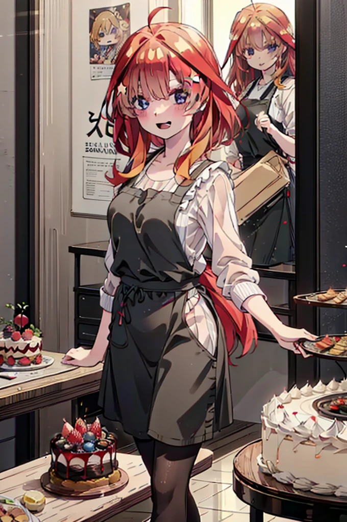 itsukinakano, Itsuki Nakano, bangs, blue eyes, Hair between the eyes, Ahoge, Redhead, star \(symbol\), hair ornaments,happy smile, smile, Open your mouth,cracker, star hair ornaments,Red Tank Top,Long skirt,Black pantyhose,apron,Walking,There is food and a birthday cake on the table,whole bodyがイラストに入るように,
break indoors, room,
break looking at viewer,whole body,
break (masterpiece:1.2), Highest quality, High resolution, unity 8k wallpaper, (figure:0.8), (Beautiful attention to detail:1.6), Highly detailed face, Perfect lighting, Highly detailed CG, (Perfect hands, Perfect Anatomy),