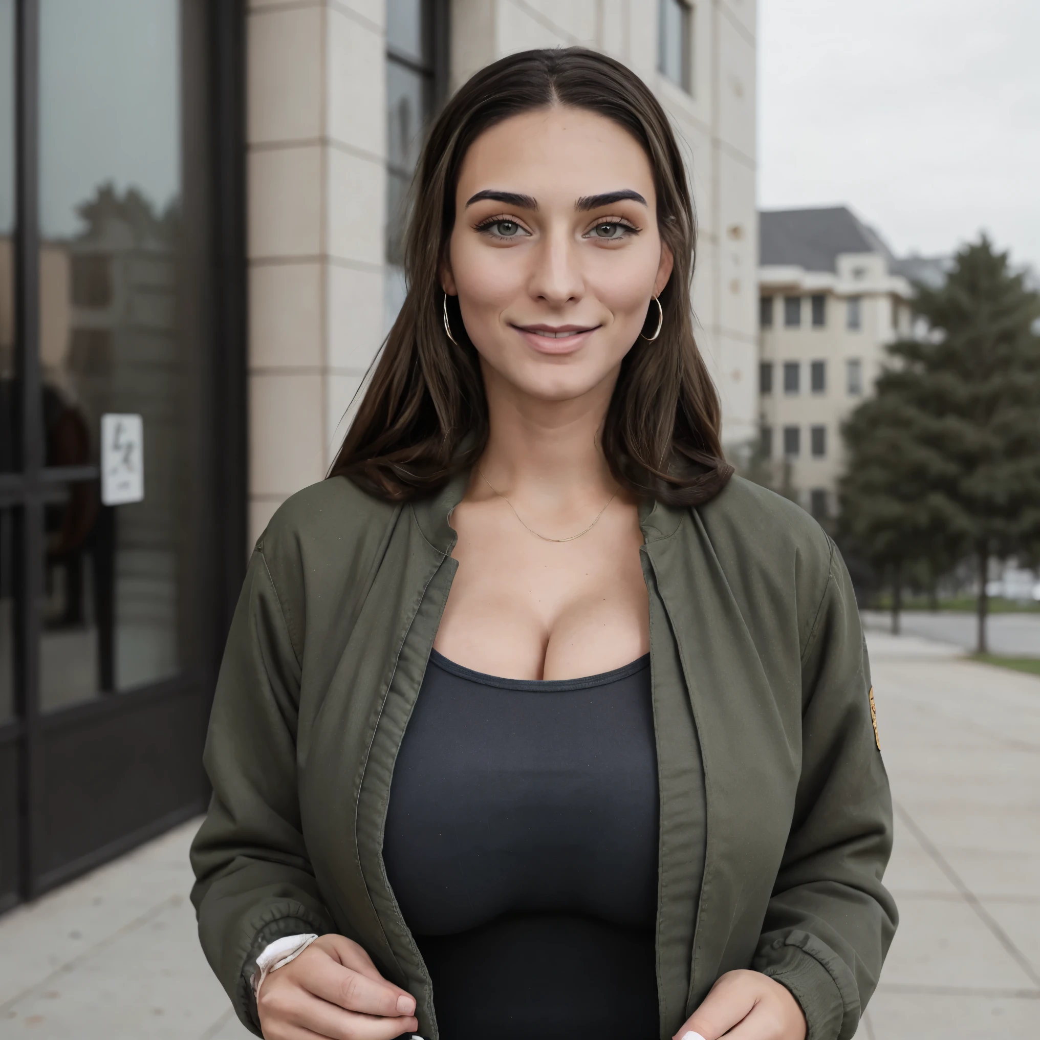 Extremely busty thin and toned brunette photographer, college girl, fair skin, loose ponytail, soft face, athletic, bandana babushka headwrap, tight olive green casual windbreaker, skinny jeans. standing in front of her apartment building, outdoors, city, camera bag, cleavage