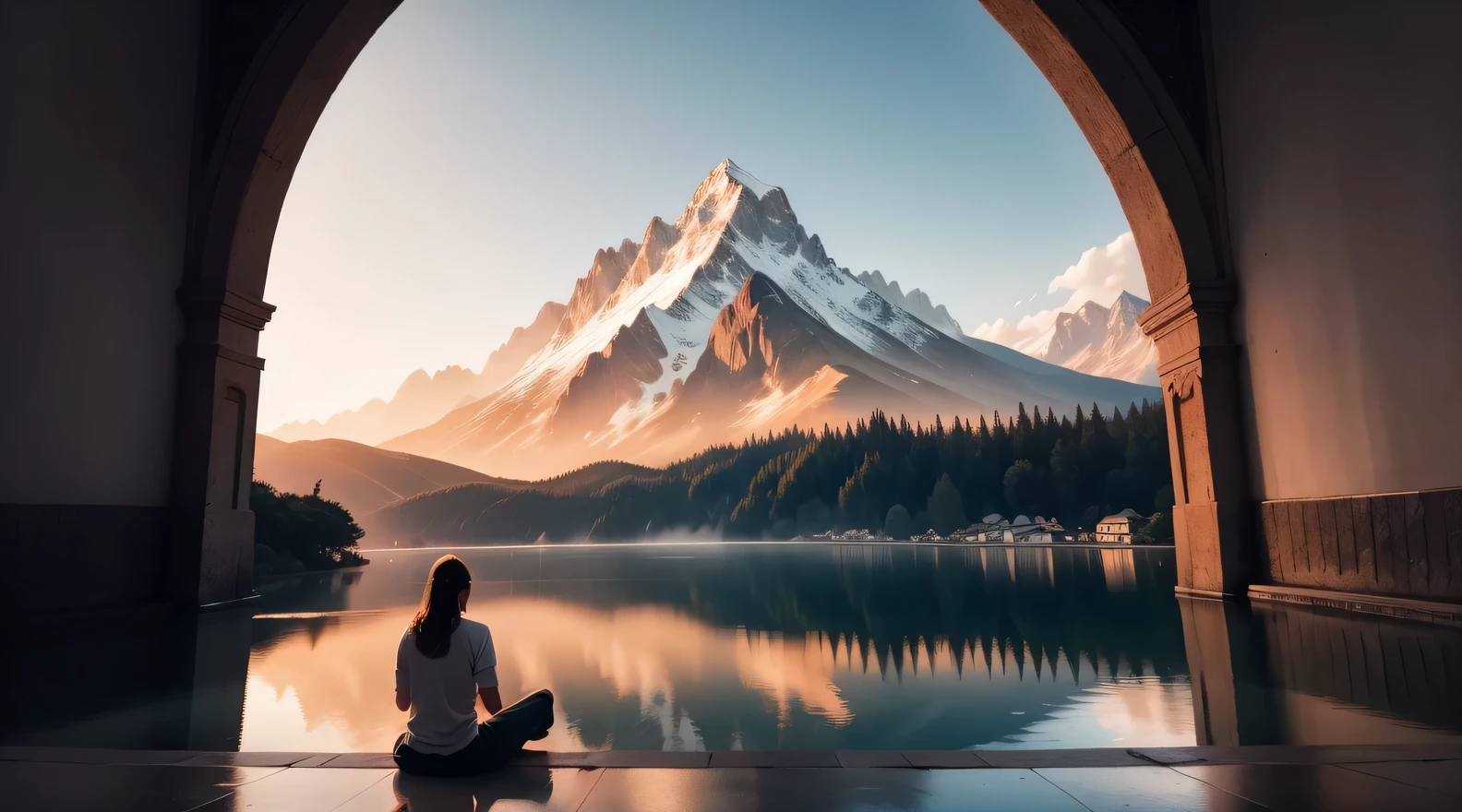 A breathtaking scene with a spectacular sunset over a calm lake surrounded by majestic mountains. En el centro de la imagen, a person stands with hands folded in prayer and eyes closed in deep meditation. Just above them, An artistic representation of God, surrounded by a divine aura of light, look with compassion at the person meditating. A luz dourada do sol poente banha a paisagem, creating a peaceful and spiritual atmosphere