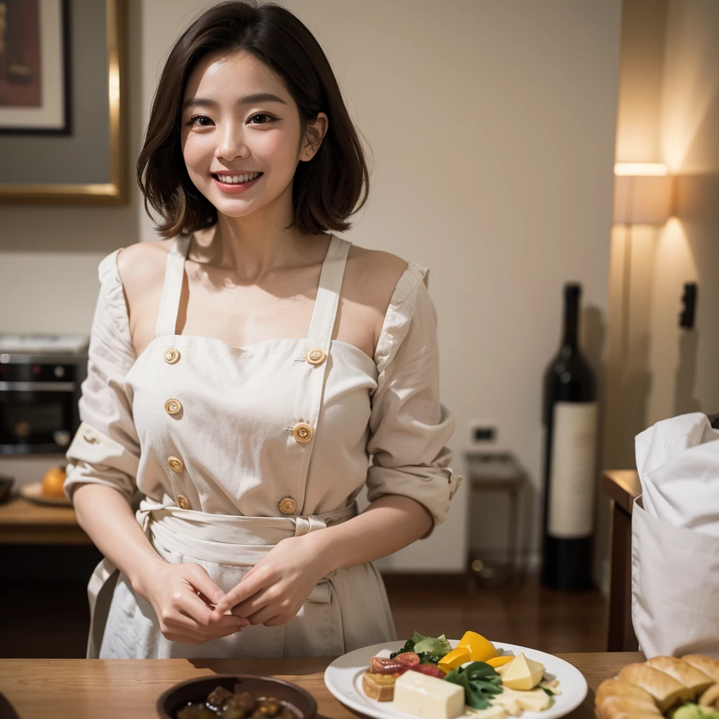 quality,master piece,by famous artist,bloom,a girl, one girl,solo focus,alone,4K,8k,raw photo,short brown hair,watch,big eyes,Japanese women,20th Generation,healthy,Plump,maternal,positive,bright,kind,Beautiful Skin,Fair skin,最高quality,4K,8k,masterpiece,Young and beautiful,The man is fascinated,Attractive woman,Dcup Bust、An innocent smile、smile、teeth、In the background is a woman wearing a chef's uniform in a restaurant kitchen、Wearing an apron and a chef's hat、kitchen、cooking、one girl、Accurate hands、Accurate legs、Detailed hands and fingers、Anatomically correct body、Accurate Fingers,one girl,very nice lady,one girl