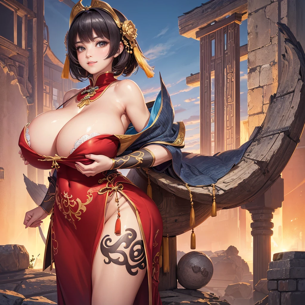 Highly detailed CG unit 8k wallpaper, masterpiece, High resolution, highest quality, highest quality real texture skin, Super Real, Digital Painting, Best image quality, 最High resolution, 8k, ((Highly detailed eyes and face)), 1girl, Beautiful eyes every detail, Full Body Shot, (((Saggy breasts, Gravity-dependent breasts, long chest, Heavy chest, ))), ((disproportionate breasts, huge breasts, sagging breasts, Cleavage, gigantic breasts, erect nipple, sideboobs)), short hair, Tube top, Loincloth, Chinese style embroidery, china dress, chinese dress, ancient China, evil grin, smile,