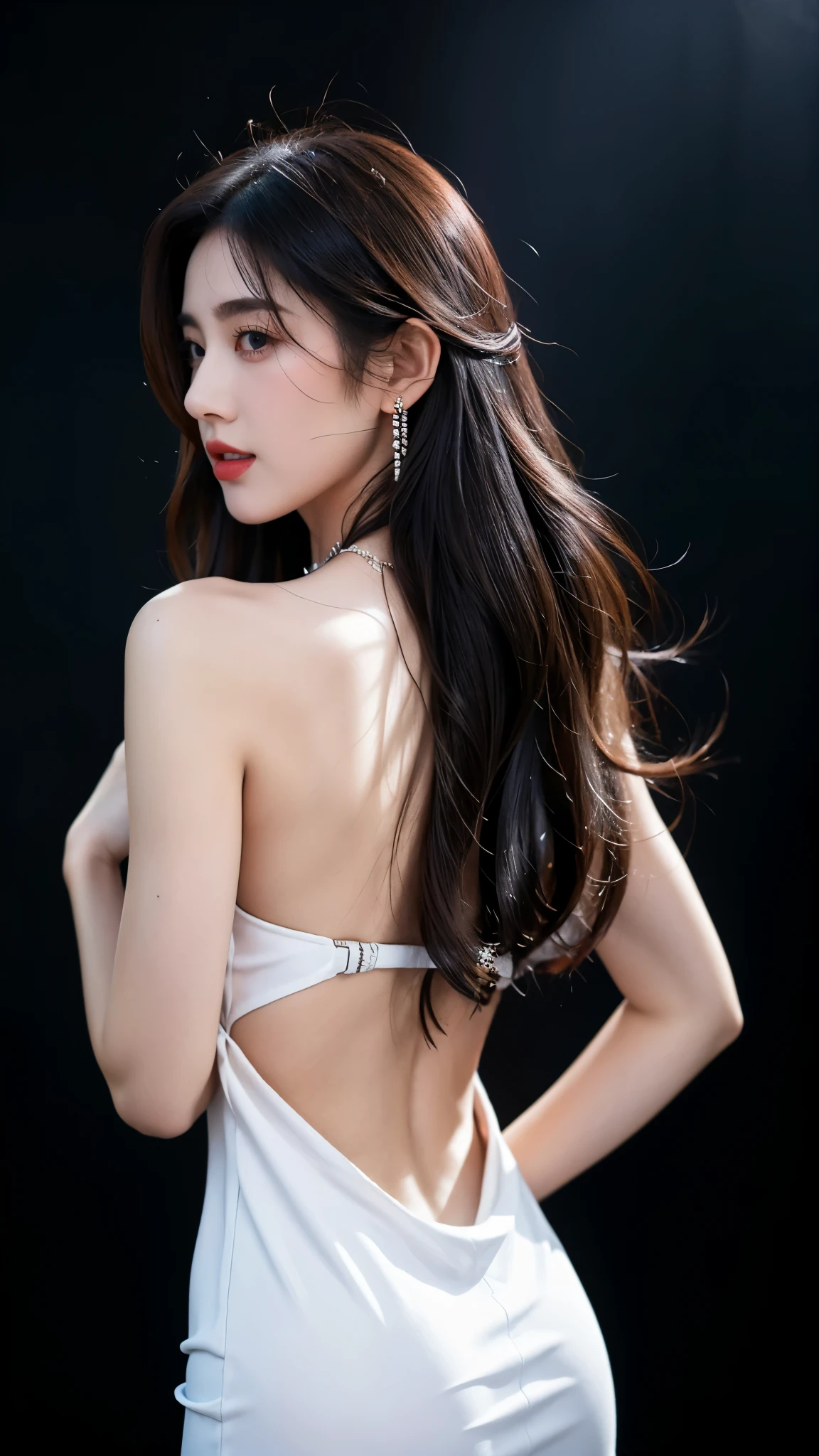 Ultra HD resolution,artistic photos,Photography,21year girl,earrings,long hair,Black background,Black backless dress,necklace,cowboy shot,H cup,Showing cleavage,Expose more breasts,Amazing breast size,Erect nipples,Expose the areola,Bigger breasts,Smooth and beautiful back,Completely bare back,Cold white skin,Big buttocks,Clothes made of silk,Messy hair,Messy hair