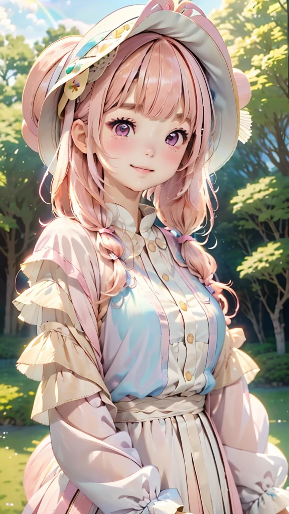 (((Hime cut)))、(((Bangs up to the eyebrows)))、One Girl、12talent、Magical girl、anatomy、French Braid、Anime Style、(((Fish hat))),(((Pink Hair))),(((Hime cut))),(((Bangs up to eyebrows))),(((Bangs without gaps))),(((Align your bangs))),(((Pink eyes))),Small breasts、smile,Cute Face、Cute clothes、Combat Uniform、、(((The background is pastel colored clouds:1.5、rainbow、Blurred Background)))、Highest quality、High resolution、High resolution、Cinema Lighting、Professional Photographer