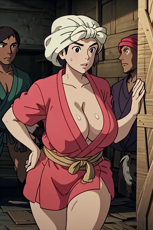 masterpiece, Highest quality,  Unreal Engine,  Super Resolution,  Very detailed, 

1 girl, of course,1 female, Wrap a towel around your head, Pink kimono, Cleavage, barefoot, Plump physical beauty, (Muscular:0.8), (Big Breasts), bold, Lips parted,  Observe the audience, 

In a dynamic pose,  Cowboy Shot, 

The World of Princess Mononoke, A scene from the workshop,  Key Visual, 

((Sticky with sweat)),