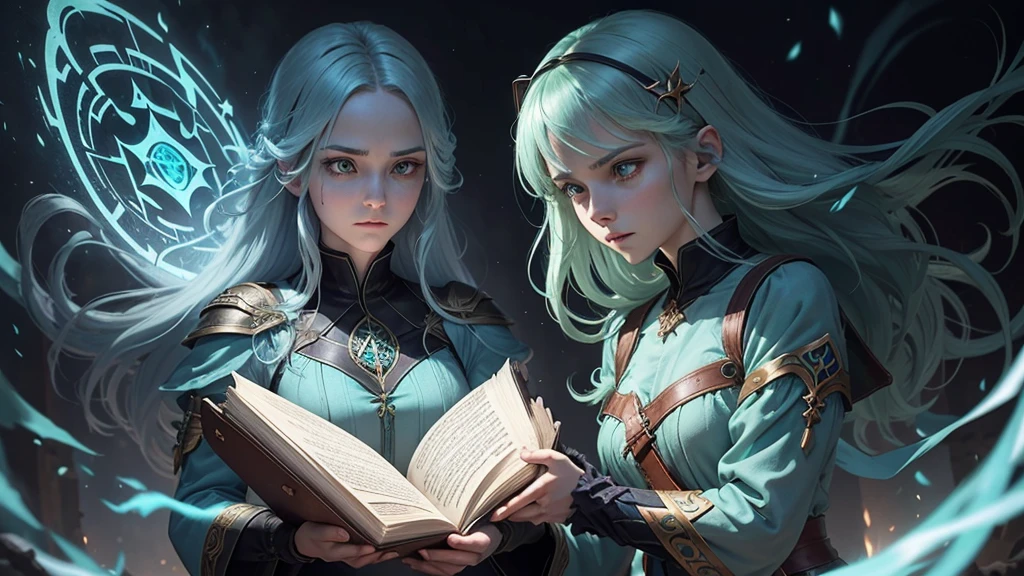 Generate a picture of how you imagine Nimelia, a young woman with power exorcist and determined eyes, clad in a simple tunic. Your hair colors its light green and blue with black. A faint blue ethereal glow surrounds her, hinting at her hidden power. In her hand, she clutches a worn leather-bound book, its pages filled with ancient symbols.