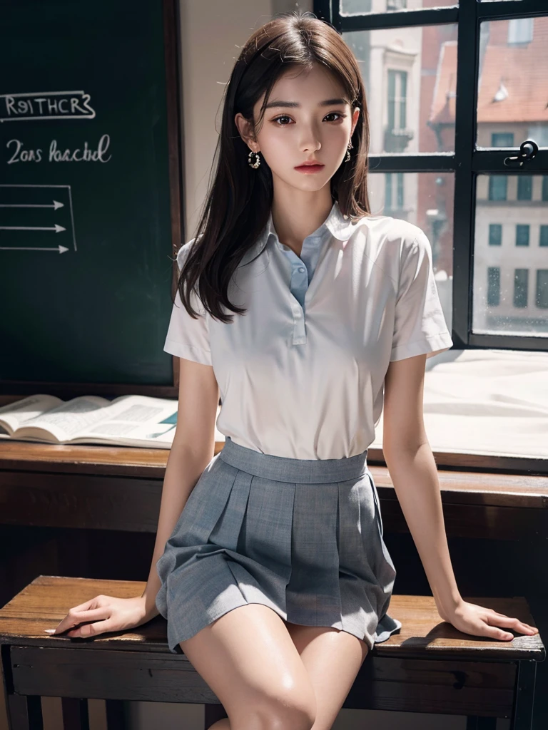 absurdres, RAW photo, extremely delicate and beautiful, masterpiece, Best Quality, ultra high resolution, 32k, hyperrealistic, ultra-detailed, perfect anatomy, super Detailed skin, perfect figure, Super Beauty, Perfect Style, Perfect balance, Beautiful Lighting, Perfect Lightning, Realistic Shadows, 20 years old, very Slim body, narrow waist, very small head, very small face, delicate facial features, handsome detailed woman, very detailed eyes and face, realistic face proportions, Realistic beautiful face, Realistic beautiful eyes, tearful mole, earring, very huge round breasts, legs, medium hair, full body shot, indoor, ((school_uniform)),