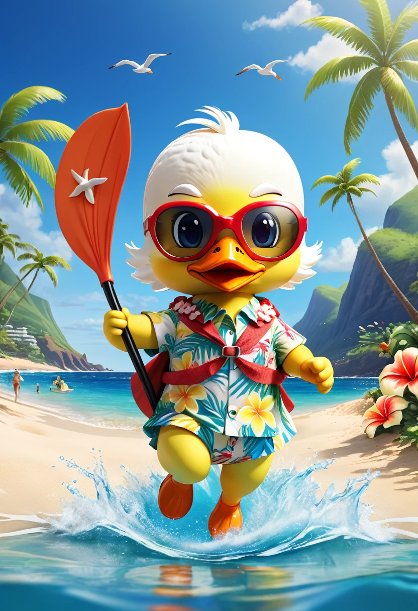 Esbian all over body、Cool white duck、Pop White Duck、Diorama、Simple Background、Snorkel mask、Aloha Shirt、tropical、Beach Background、Cape、Best Quality, Capture the cutest moments, Depth of written boundary, Super detailed, Ultra-high resolution, Octadale, 8k, 16km race