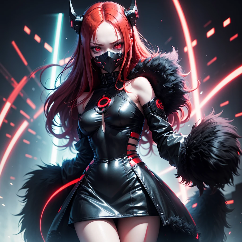 Girl Android demonic gloomy with long red hair she has a playful look she has a mask on her face a woman with sexy hips half cyborg modification Beautiful fur blue eyes stands in full height Anime Style black background Cyberpunk style, black background image of night black city and red neon lights fluorescent lamps red lighting red flashes on background