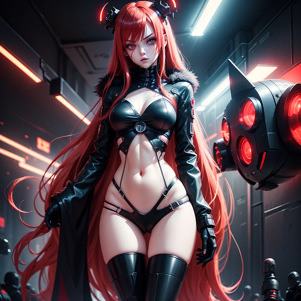 Girl Android demonic gloomy with long red hair she has a playful look she has a mask on her face a woman with sexy hips half cyborg modification Beautiful fur blue eyes stands in full height Anime Style black background Cyberpunk style, black background image of night black city and red neon lights fluorescent lamps red lighting red flashes on background