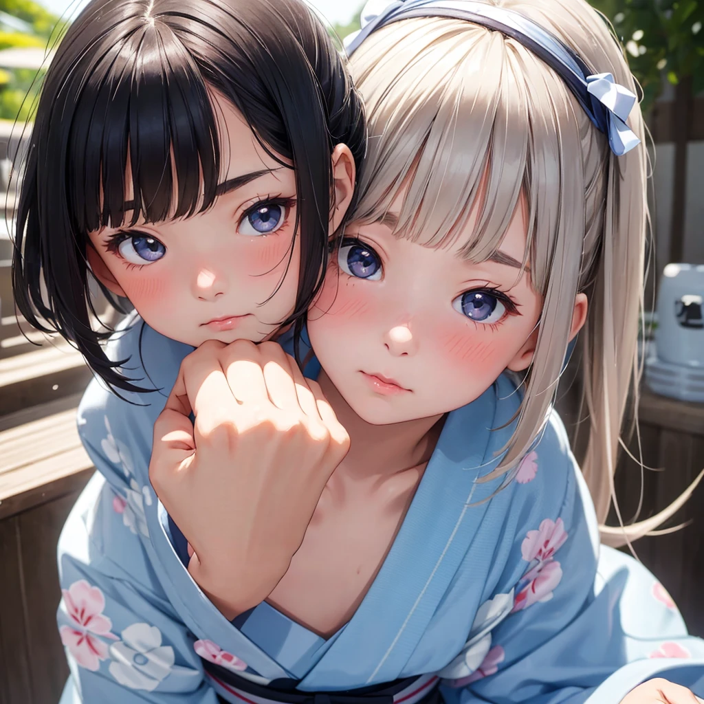 ****************　closeup-face　Her dark hair is tied quite low on her head　Very narrow eyes　Very droopy eyes　clear　Bearish　Slim figure　Light blue yukata　Summer Festival Eyes Closed　shy　red cheek　blush　nose blush　embarrassed