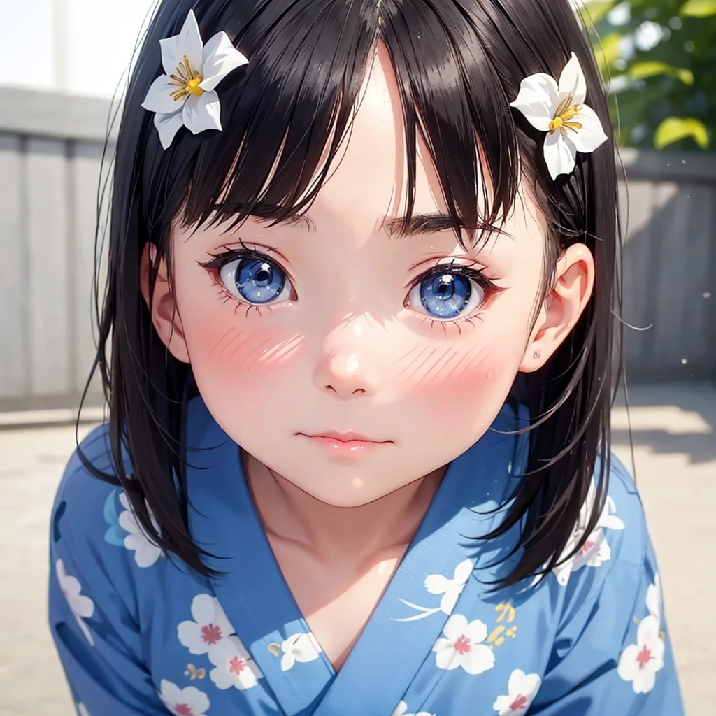 13-year-old girl　closeup-face　Her dark hair is tied quite low on her head　Very narrow eyes　Very droopy eyes　clear　Bearish　Slim figure　Light blue yukata　Summer Festival Eyes Closed　shy　red cheek　blush　nose blush　embarrassed