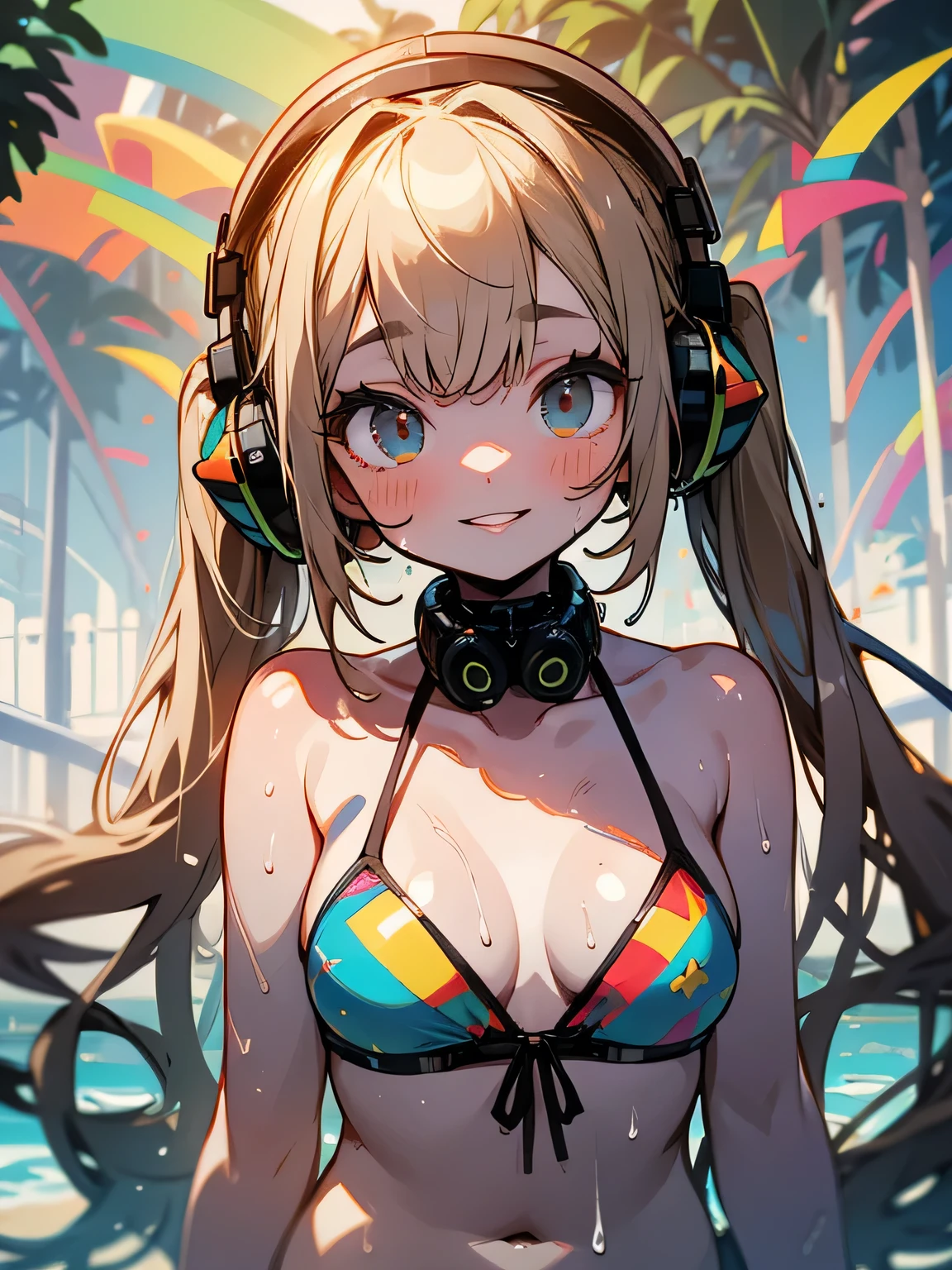One Girl, alone, Rim Light, very detailed face, (Contrasting:1.1), Shoot from the front, smile, Amazingly cute young Russian girl, Droopy eyes, pale blue plump lips,(deep black very long twintail)、With bangs, Light brown thin eyebrows, Oily skin, Wet Skin, (rainbow color summer bikini) , Put on some high-tech headphones, Mid-chest, (model pose)