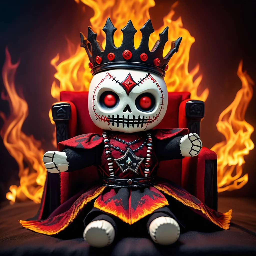 (knitted toy voodoo doll:1.5), (Voodoo Demon King:1.3), (Clothing: dark, regal robes with infernal patterns:1.0), (Accessories: enchanted crown emitting a ghostly glow, floating spectral servants:1.1), (background: dark, fiery throne room with roaring flames, shadowy figures, and an atmosphere of hellish royalty:1.2), best quality, masterpiece, detailed soft oil painting, detailed background, dramatic cinematic lighting, soft edge lighting, professional, dramatic lighting, hard edge lighting, ultra quality, 4k,masterpiece, best quality, 8k, ultra highres, highres, extremely detailed