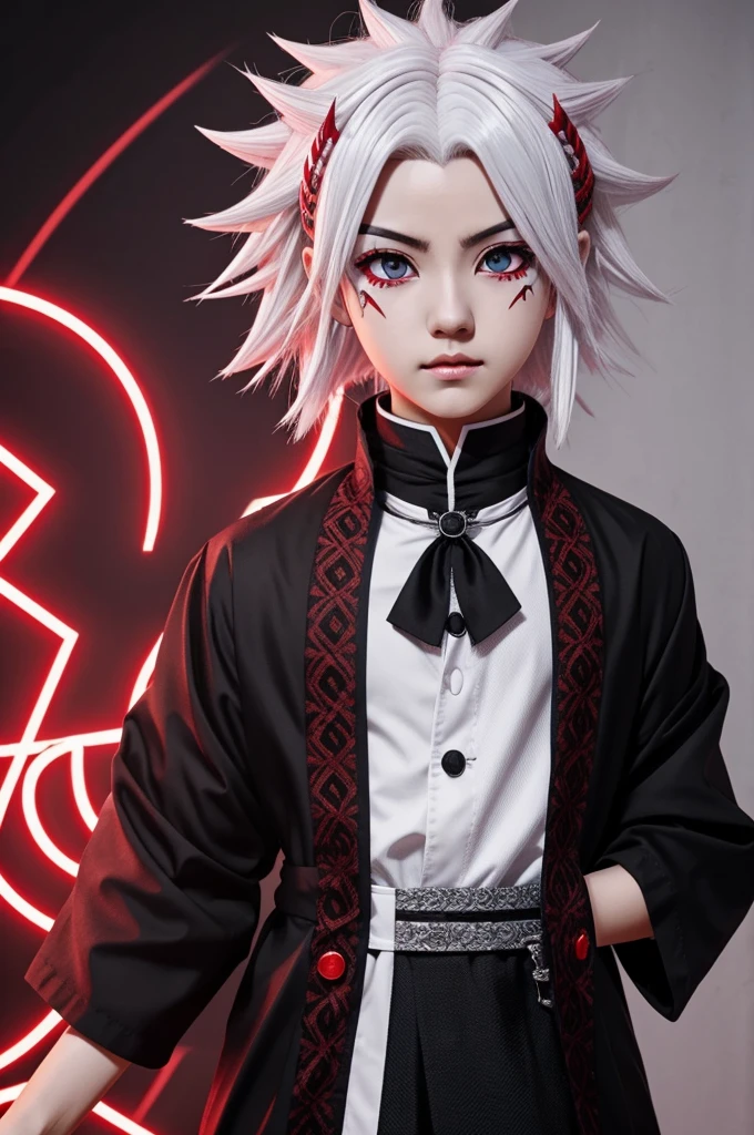 Create a kimetsu no yaiba character with white hair, red colar eyes like a demon