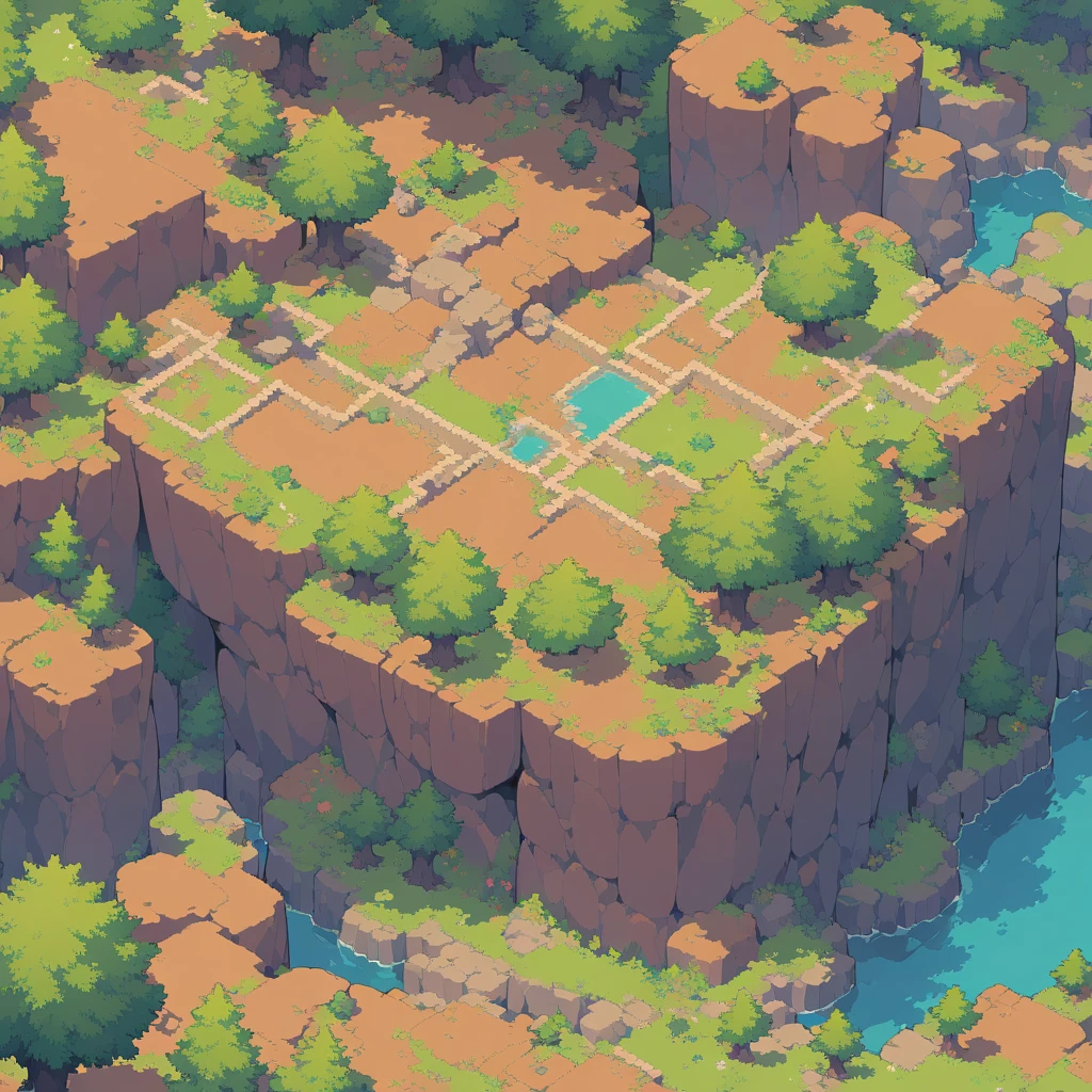 retro video game style,pixelated, vibrant pastel colors,8-bit characters,blocky shapes,sharp lines,detailed shading,classic gaming vibe,nostalgic atmosphere,classic arcade games,masterpiece:1.2,ultra-detailed,illustration style, 2d texture, stone texture, 4 k seamless mud texture, video game texture, dirt texture, tileset, game tiles, grass, 3/4th perspective trees, 3/4th perspective tileable rock texture, 3/4th perspective tileable cliff formations, tileable trees, topdown view, game texture, game art, tileable texture, very detailed cliff texture, intricate stones, top down view, 3/4th perspective