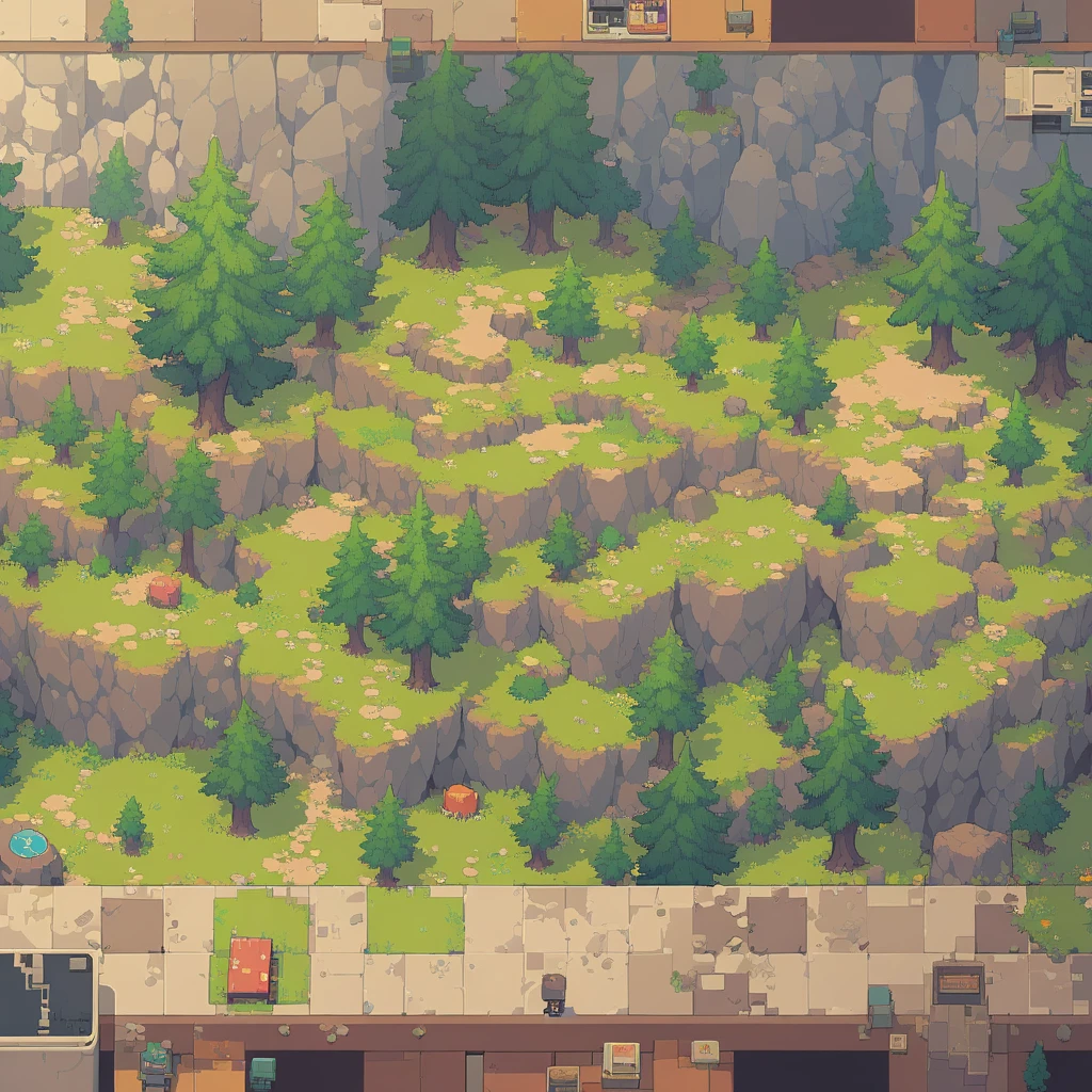 retro video game style,pixelated, vibrant pastel colors,8-bit characters,blocky shapes,sharp lines,detailed shading,classic gaming vibe,nostalgic atmosphere,classic arcade games,masterpiece:1.2,ultra-detailed,illustration style, 2d texture, stone texture, 4 k seamless mud texture, video game texture, dirt texture, tileset, game tiles, grass, 3/4th perspective trees, 3/4th perspective tileable rock texture, 3/4th perspective tileable cliff formations, tileable trees, topdown view, game texture, game art, tileable texture, very detailed cliff texture, intricate stones, top down view, 3/4th perspective