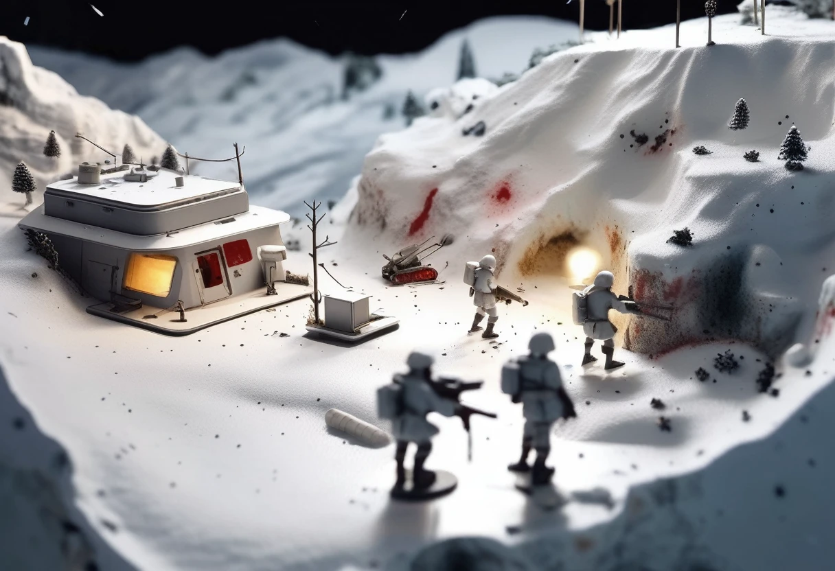 A white miniature research station model is built on a snowy hillside. There are tiny figures in the landscape. It is a soldier who is fighting with the enemy. In order to save the trapped scientists, because of the fierce gun battle, there are a lot of blood stains on the snow, in a realistic style. Rendering, focusing on the details of models and lighting. Realistic and detailed,