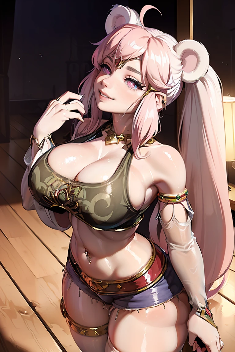 (((1girl))), (red hair), (extremely long hair), (curly hair), (ahoge), (blunt bangs), (twin pigtails), ((((white skin)))), ((moonlight eyes)), ((vibrant eyes)), (accentuated super huge enormously gigantic , cleavage showing), (thick thighs), ((thick lips)), ((wide hips)), (thighhighs), (short shorts), ((pink)), ((lace)), ((long eyelashes)), super detailed, ((best quality)), highres, UHD, textured skin, (indoor)), luxurious bedroom, ((holding stuffed animal)), (((sexy seductive smile))), ((smug)), full of lights, Real Human, huge tit, ((bear ears)), ((((looking up)))), ((looking at viewer)), ((crop top t-shirt, short shorts)), ((tattoo sleeves and piercings)), elf