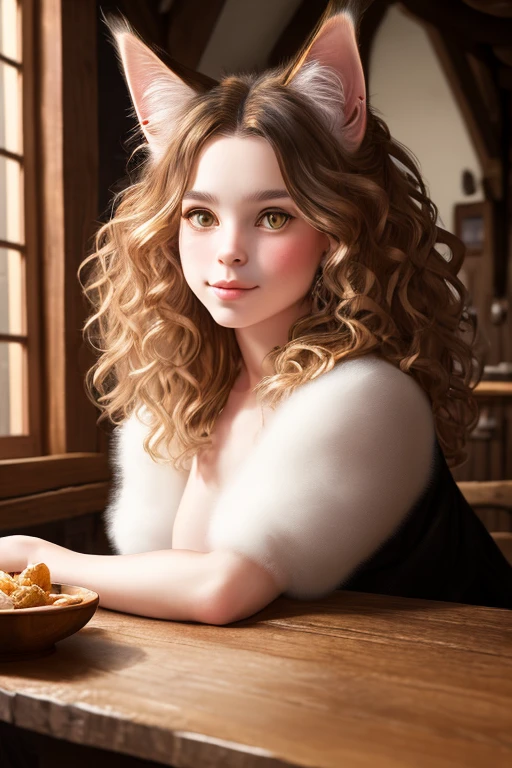a cute maine coon cat sitting on a wooden table in a medieval tavern, detailed fur, modelshoot style, portrait, 8k, trending on ArtStation, trending on CGSociety, Intricate, High Detail, Sharp focus, dramatic lighting, digital painting, digital art, by artgerm, by Liang Xing, by WLOP