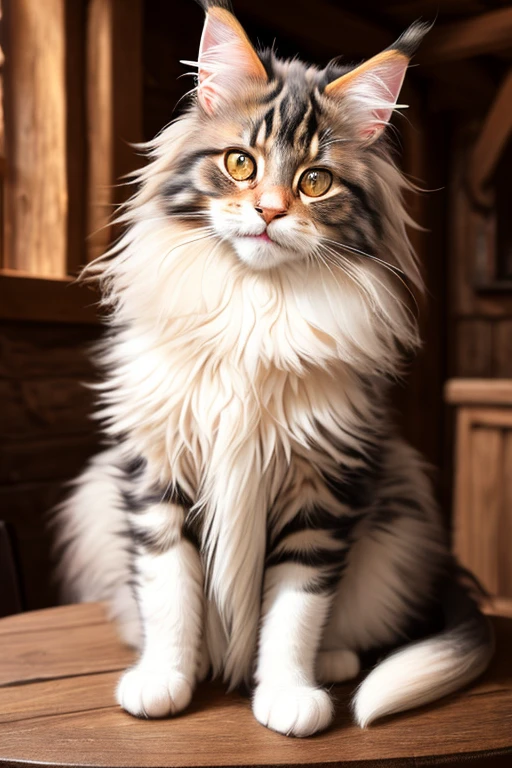 a cute maine coon cat sitting on a wooden table in a medieval tavern, detailed fur, modelshoot style, portrait, 8k, trending on ArtStation, trending on CGSociety, Intricate, High Detail, Sharp focus, dramatic lighting, digital painting, digital art, by artgerm, by Liang Xing, by WLOP